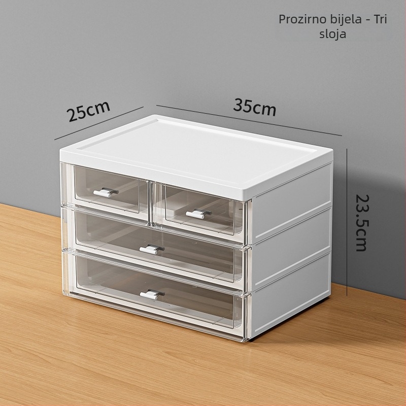 Kutija za stolno skladištenje s ladicom, višeslojna od PP plastike; modeli W35-T4, W35-T3, W35-T2; otporna na prašinu; pogodna za kozmetiku, uredski pribor, CD-ove i daljinske upravljače.