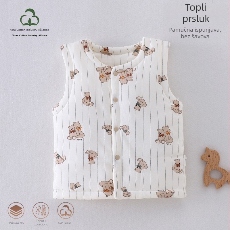 Dječji pamukasti prsluk s podstavom, unisex, za novorođenčad 0–12 mjeseci, jesen-zima, bez rukava, karikaturni uzorak