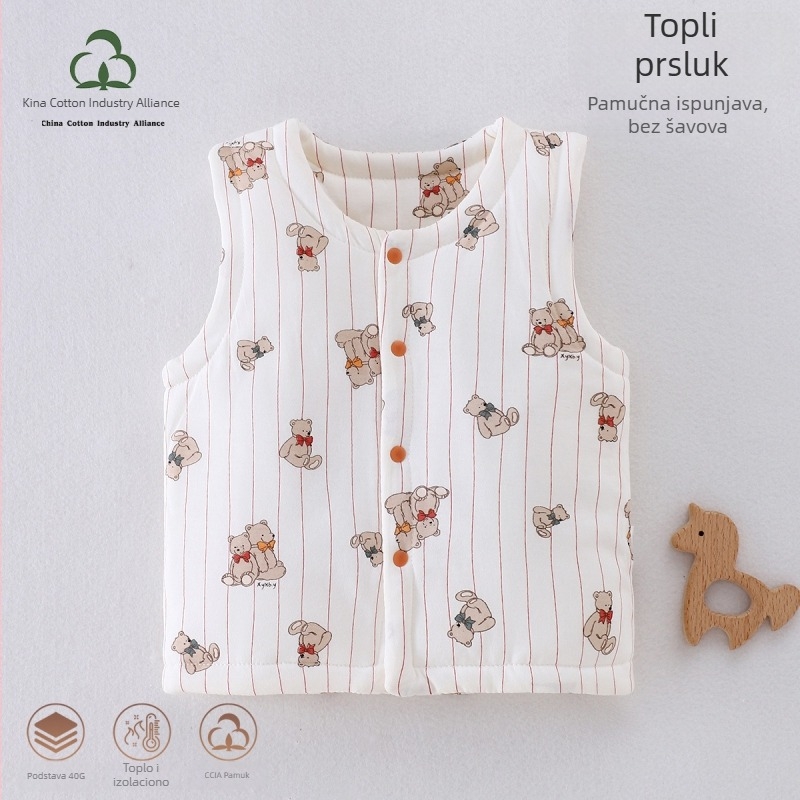 Dječji pamukasti prsluk s podstavom, unisex, za novorođenčad 0–12 mjeseci, jesen-zima, bez rukava, karikaturni uzorak