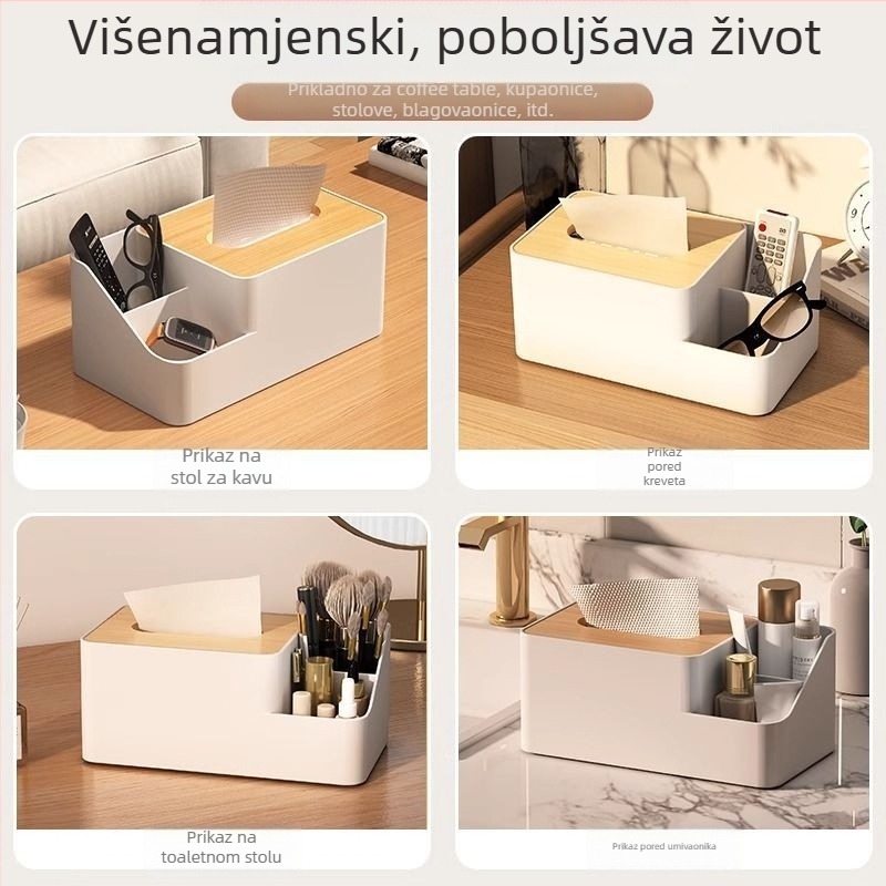 Drvena kutija za maramice, model 6543, moderan minimalistički stil, višenamjenska s pretincem za daljinski upravljač, pogodna za automobil