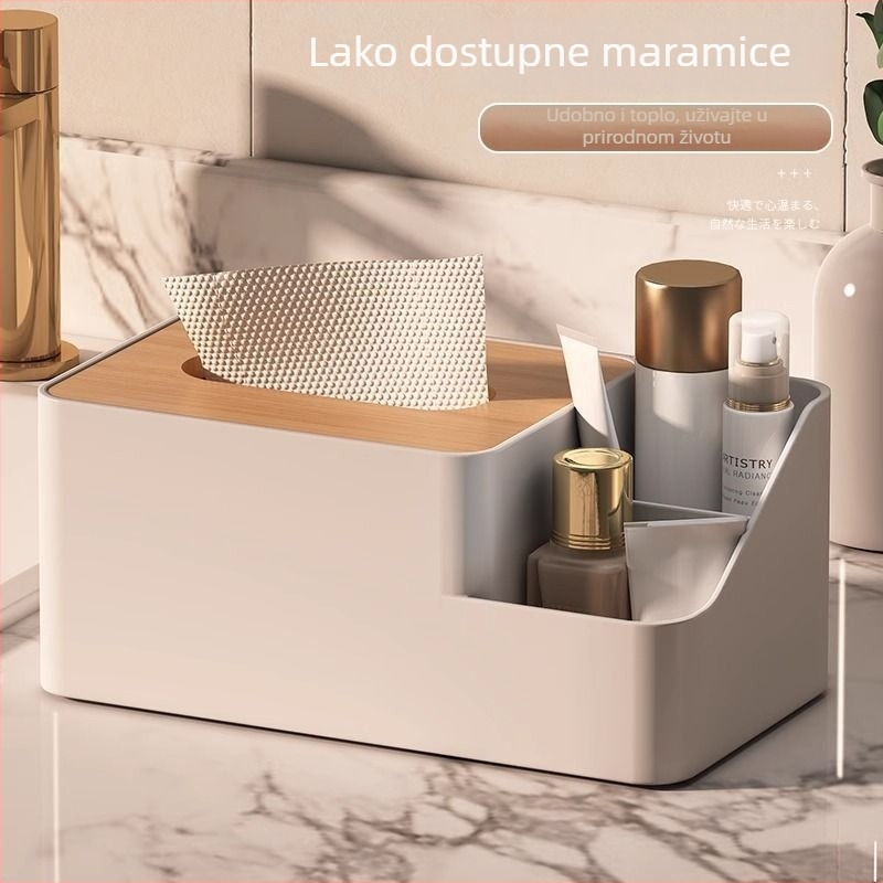 Drvena kutija za maramice, model 6543, moderan minimalistički stil, višenamjenska s pretincem za daljinski upravljač, pogodna za automobil