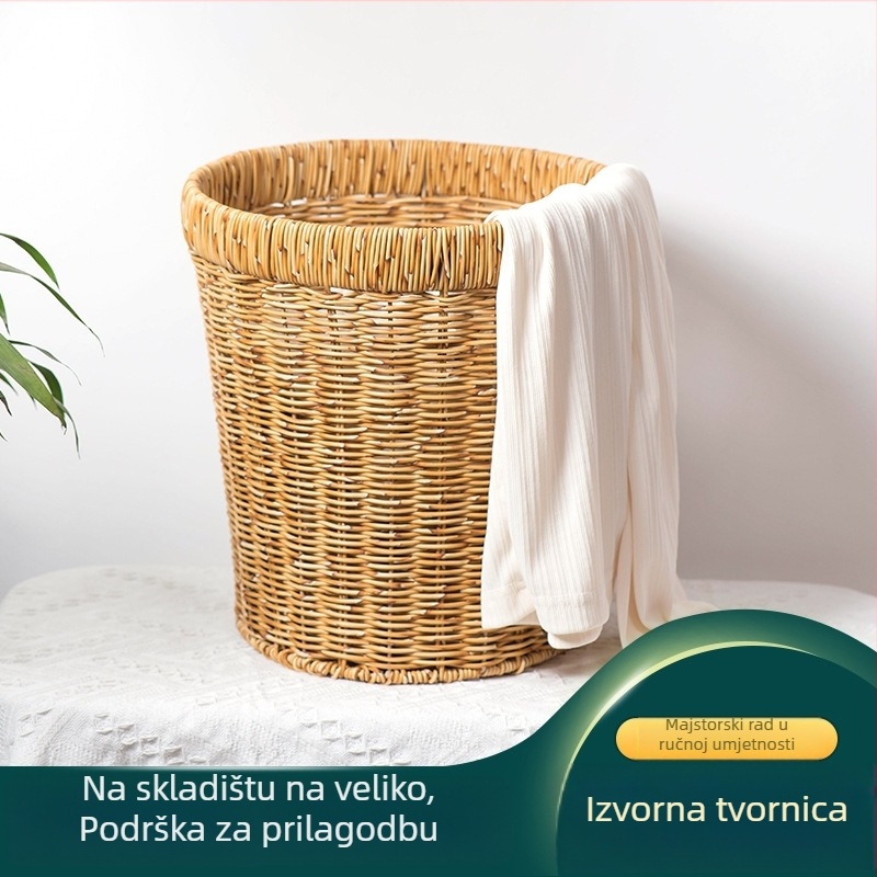 Okrugla pletena košara za pohranu – nordičkog stila, za dom, stol, dnevni boravak, spavaću sobu i ured; višenamjenski organizator. Materijal: pletena trstika; Oblik: okrugli; Upotreba: daljinski upravljač, torba, magnetska kartica, kozmetika/nakit, slušali