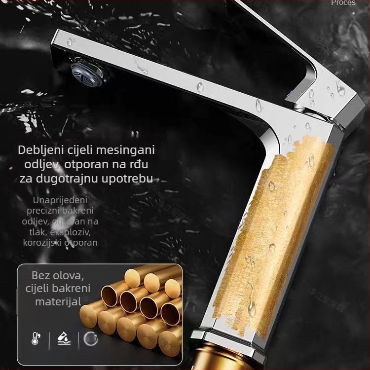 Bakrena slavina za umivaonik, miješalna slavina, podizni mehanizam, keramički disk ventila, kromirana površina