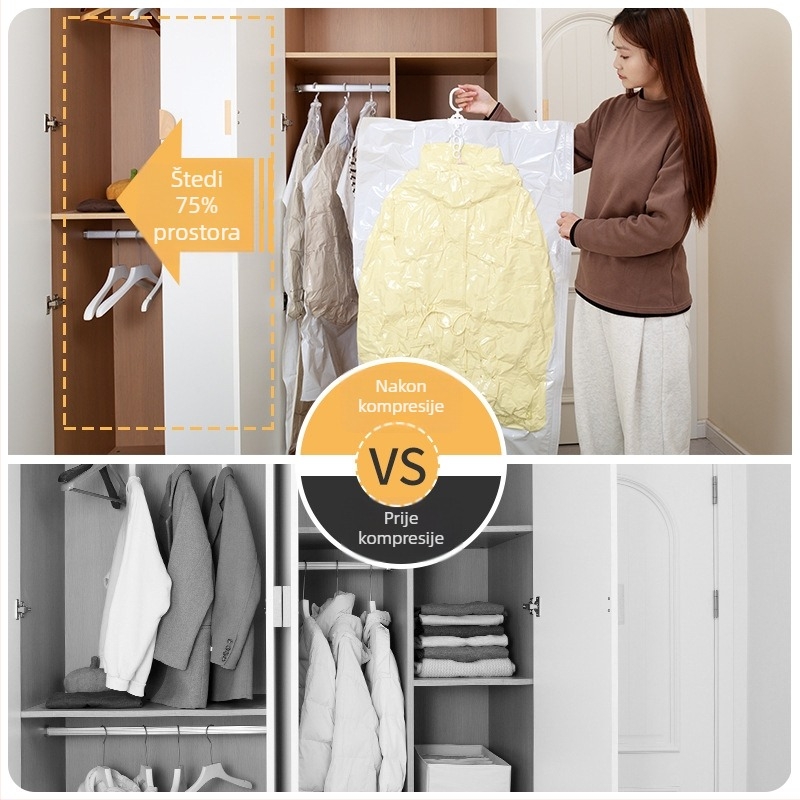 Vješena vakuumska kompresijska vrećica za pohranu jakni od perja, PA+PE materijal, bez pumpe, dizajn s višestrukim otvorima