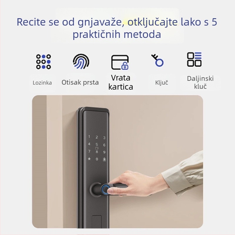 Pametna brava za vrata sa otiskom prsta i lozinkom — pohranjeno 40 otisaka; više od 1.000.000 otključavanja; skeniranje <0,1 s; lažno prihvaćanje 0,001%; lažno odbacivanje 1,0%