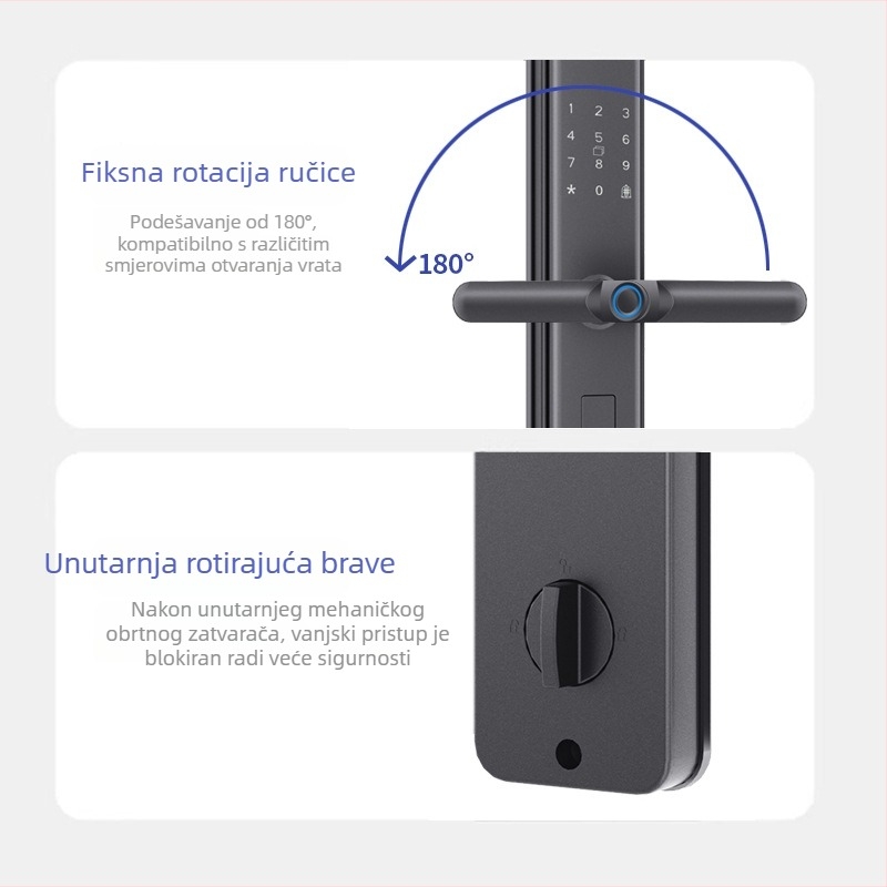 Pametna brava za vrata sa otiskom prsta i lozinkom — pohranjeno 40 otisaka; više od 1.000.000 otključavanja; skeniranje <0,1 s; lažno prihvaćanje 0,001%; lažno odbacivanje 1,0%
