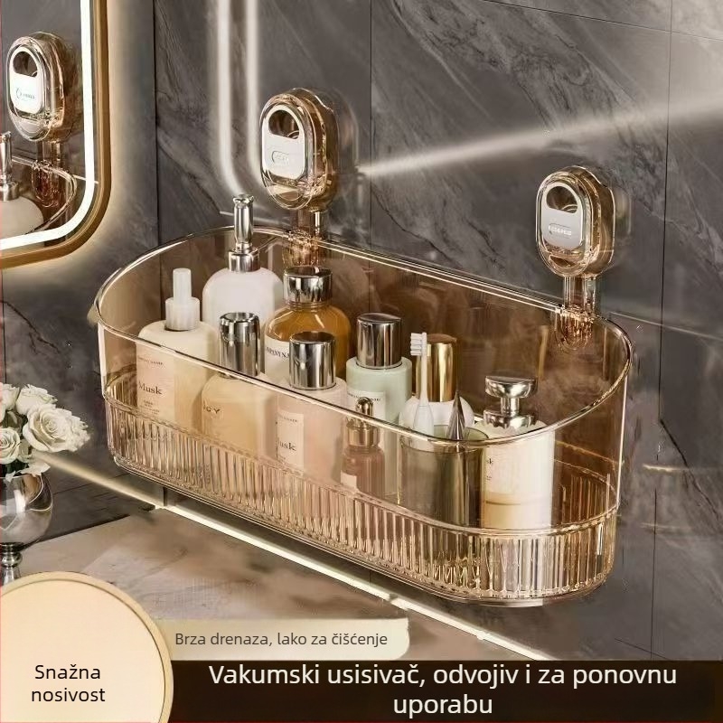 Zidni organizator za kupaonicu s vakuumskim čašicama — lagani luksuz, bez bušenja, PET materijal, 1 razina, paket 10 komada, za kuhinju i kupaonicu