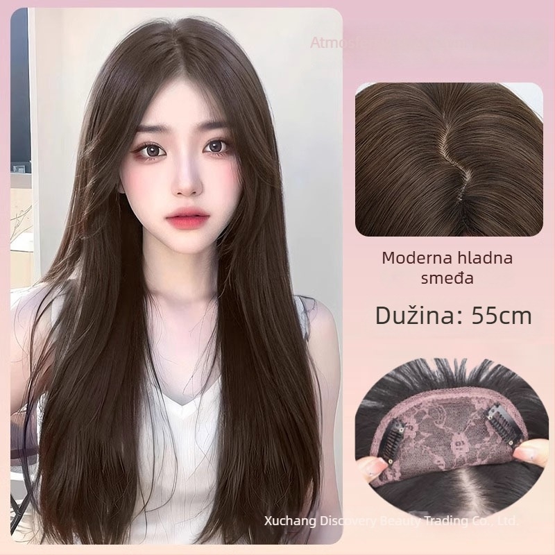 Ženska perika s dugom ravnom kosom, dodatak na vrhu glave za volumen, bez mreže, strojno pletena, toplinski otporna, Discover Beauty