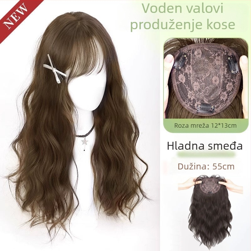 Ženska perika s dugom ravnom kosom, dodatak na vrhu glave za volumen, bez mreže, strojno pletena, toplinski otporna, Discover Beauty