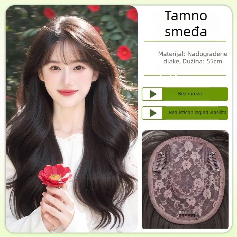 Ženska perika s dugom ravnom kosom, dodatak na vrhu glave za volumen, bez mreže, strojno pletena, toplinski otporna, Discover Beauty
