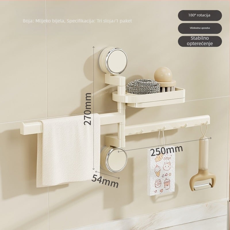 Kuhinjski držač s usisnom čašom za spužve i krpe — bez bušenja, rotirajuće kukice, plastika