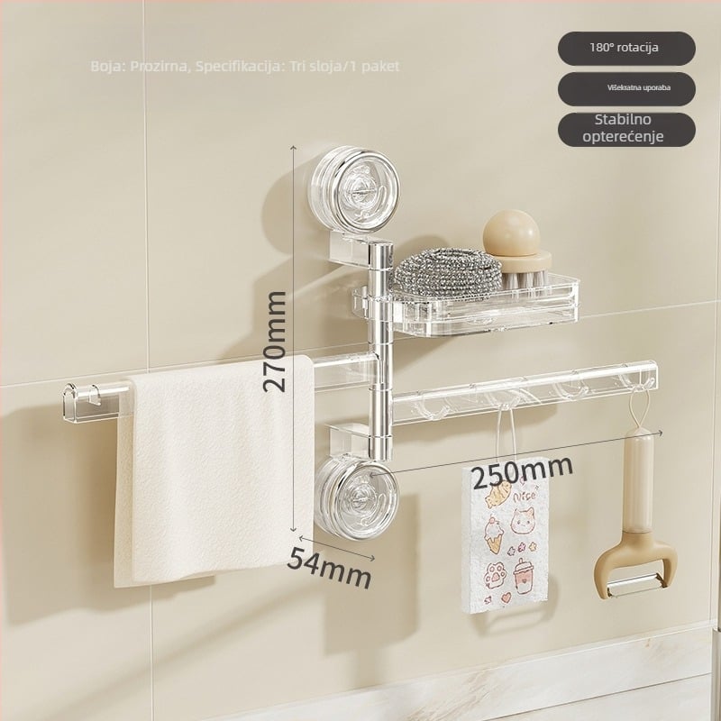 Kuhinjski držač s usisnom čašom za spužve i krpe — bez bušenja, rotirajuće kukice, plastika