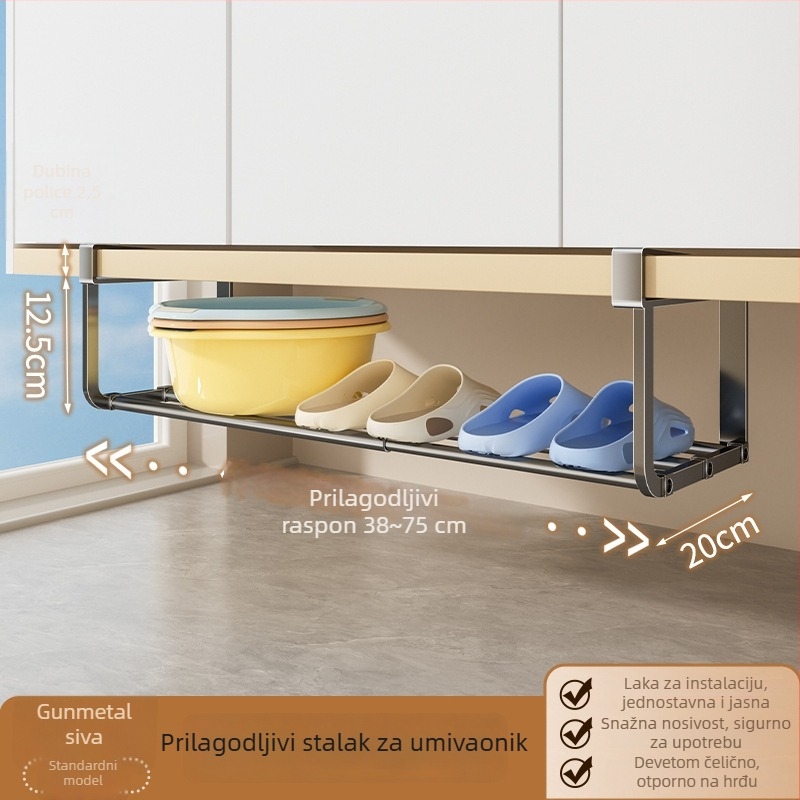 Vješeni stalak za sudoper u kupaonici ispod ormarića – 1 etaža, teleskopski, karbonska čelika, minimalistički, bez bušenja