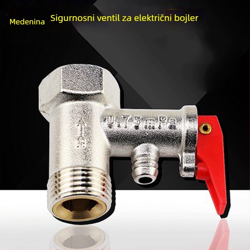 Sigurnosni ventil za električni bojler, navoj DN15, 20 mm prolaz, protok 20 L/min, radni tlak 0,8 MPa, topla voda do 90°C.