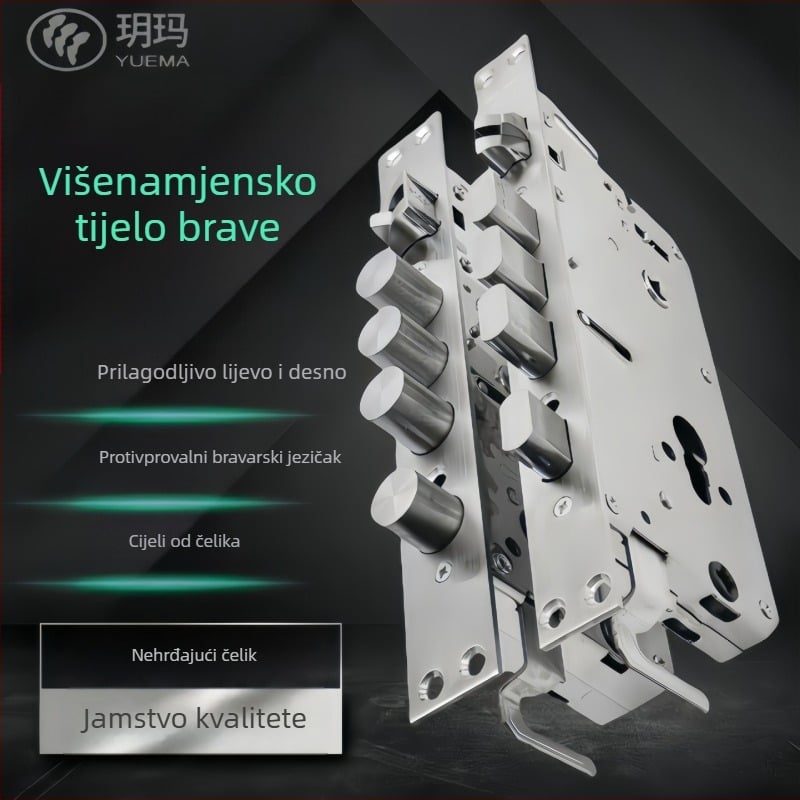 Tijelo brave za vrata - nehrđajući čelik, cijelo čelično tijelo, debeli, univerzalno, brava s ručkom