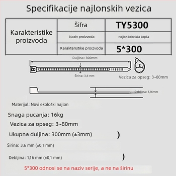 Samozaključavajuće najlonske kabelske vezice, raspon 3-80 mm, nosivost oko 15 kg, materijal: ekološki najlon