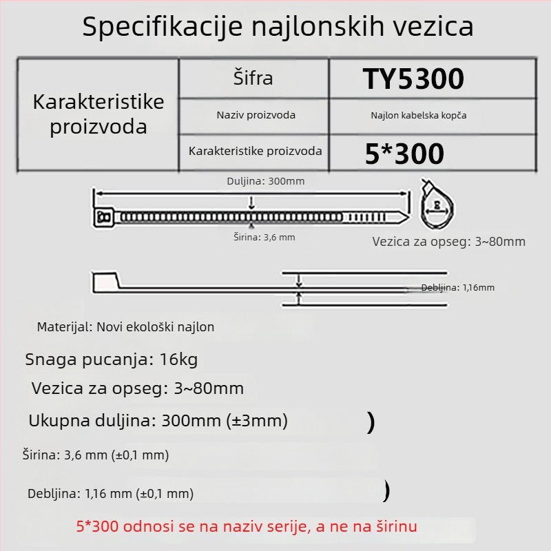 Samozaključavajuće najlonske kabelske vezice, raspon 3-80 mm, nosivost oko 15 kg, materijal: ekološki najlon