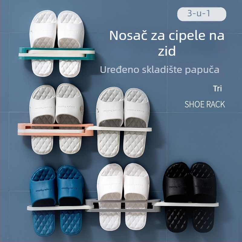 Core Love T-oblikovani sklopivi držač za papuče i ručnike, zidni, bez bušenja, PP materijal, 3-u-1 dizajn, ljepilo za ugradnju, drži 1–3 ručnika