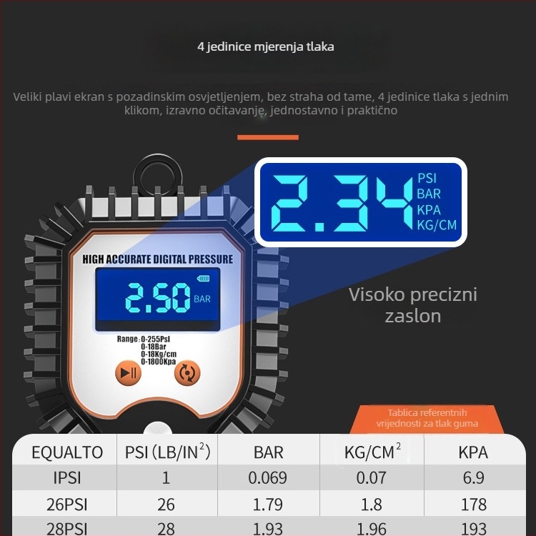 Elektronički mjerač tlaka guma s digitalnim zaslonom, napuhujući nastavak, ventil za oslobađanje zraka, visoka preciznost, prenosiv, model YJ-XA001
