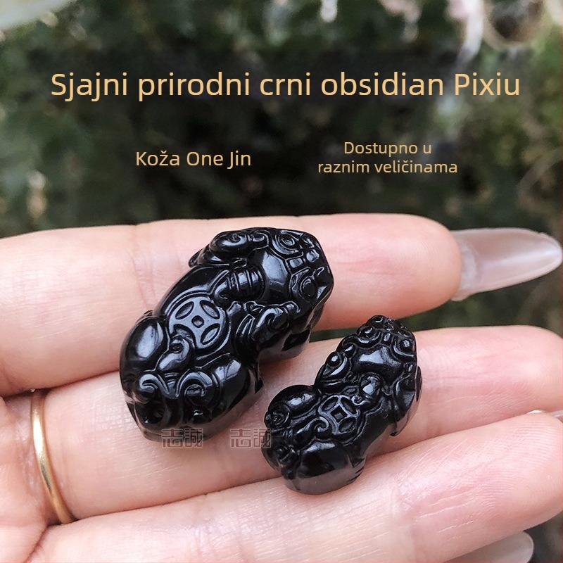 Polirana obsidijan Pixiu kožna narukvica — Materijal: obsidijan; Oblik: životinja/Zodijak (Pixiu); Obrada: poliranje; Traka: koža; Stil: kineski retro
