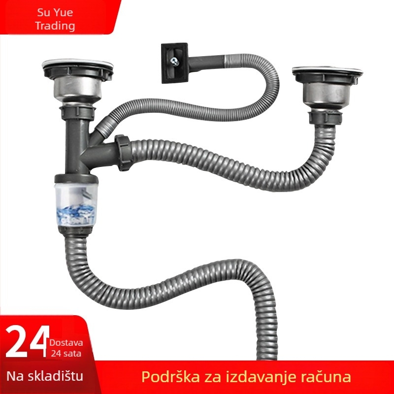 Plastični kuhinjski odvodni set — S-zavoj, vučni tip, kompatibilan s jednim ili dvostrukim utorom, moderni minimalistički stil