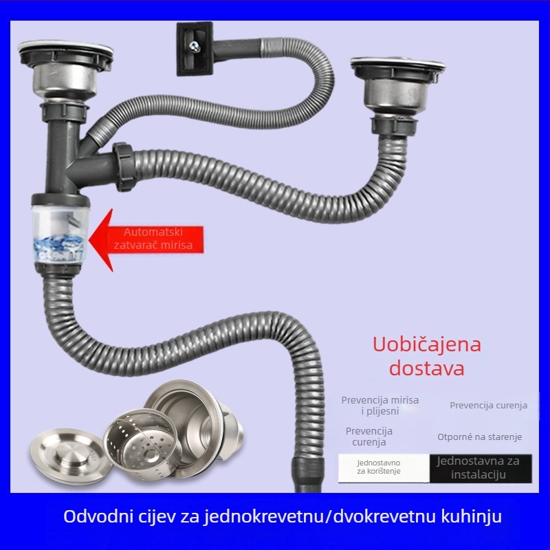 Plastični kuhinjski odvodni set — S-zavoj, vučni tip, kompatibilan s jednim ili dvostrukim utorom, moderni minimalistički stil