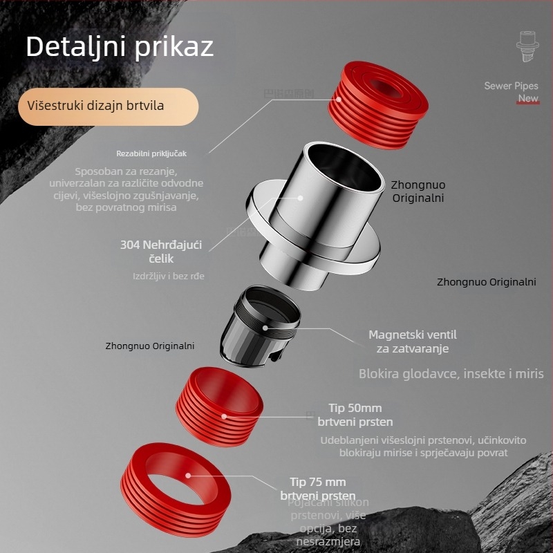 Zatvarač mirisa za odvodne cijevi, povlačna vrsta, model S-19, 304 inox + ABS + silikon, HEWE