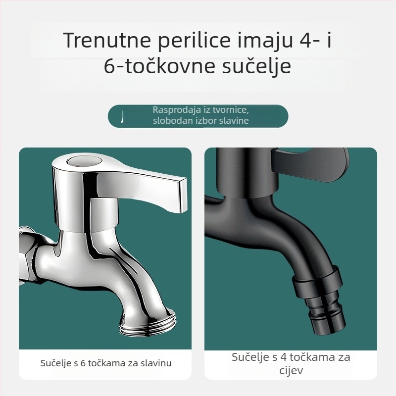 Crni ventil za perilicu rublja, 4-punktno povezivanje, 304 nehrđajući čelik, zidna ugradnja, samo hladna voda, brzo otvaranje, keramički disk ventil