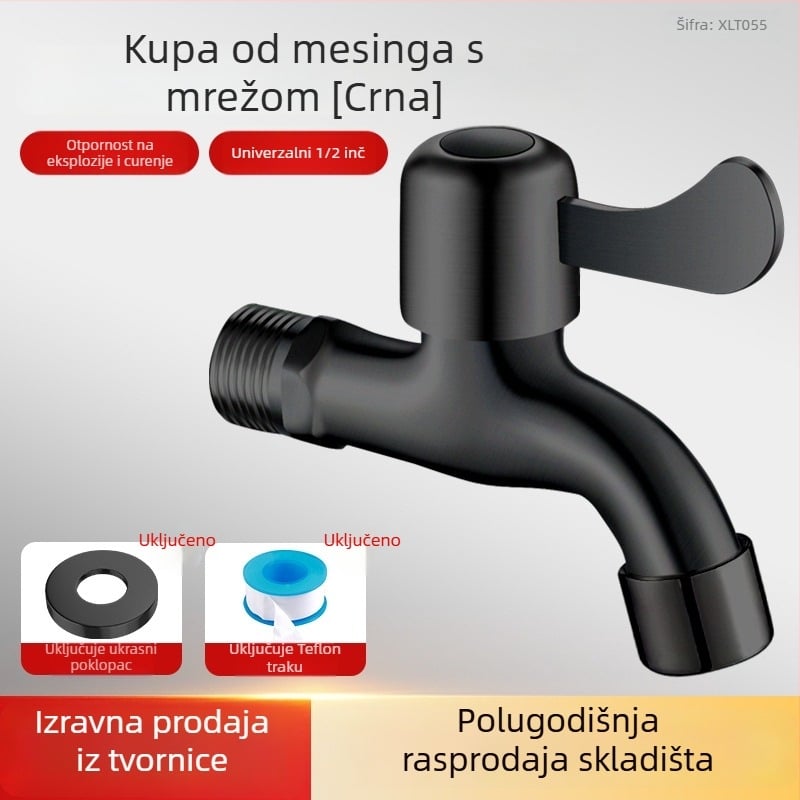 Crni ventil za perilicu rublja, 4-punktno povezivanje, 304 nehrđajući čelik, zidna ugradnja, samo hladna voda, brzo otvaranje, keramički disk ventil
