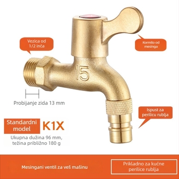 Slavina za perilicu rublja, bakreno tijelo, jednosmjerni hladni model, spiralna ugradnja, radna temperatura 2–90°C