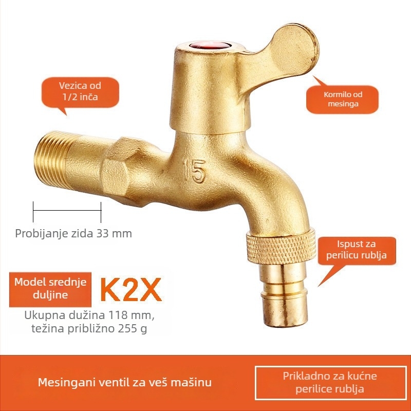 Slavina za perilicu rublja, bakreno tijelo, jednosmjerni hladni model, spiralna ugradnja, radna temperatura 2–90°C