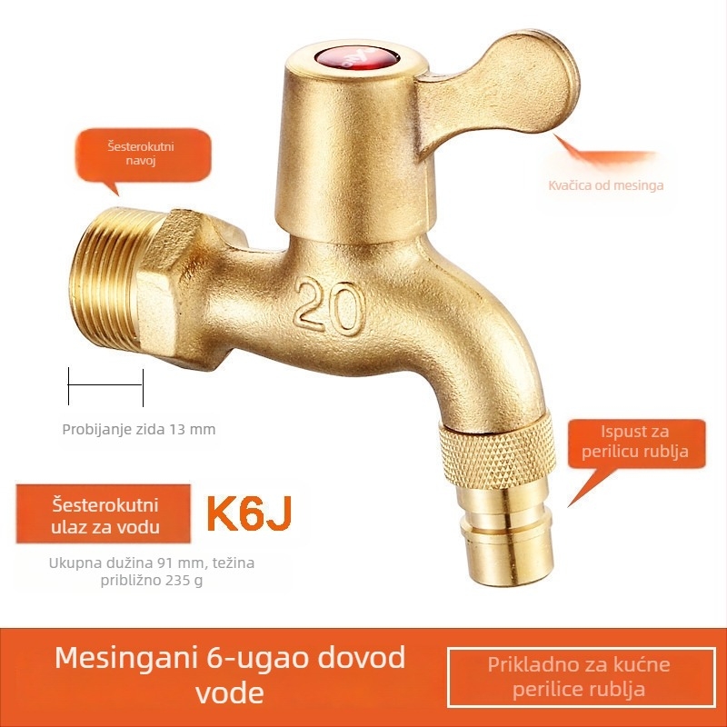 Slavina za perilicu rublja, bakreno tijelo, jednosmjerni hladni model, spiralna ugradnja, radna temperatura 2–90°C
