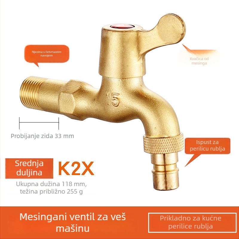 Slavina za perilicu rublja, bakreno tijelo, jednosmjerni hladni model, spiralna ugradnja, radna temperatura 2–90°C