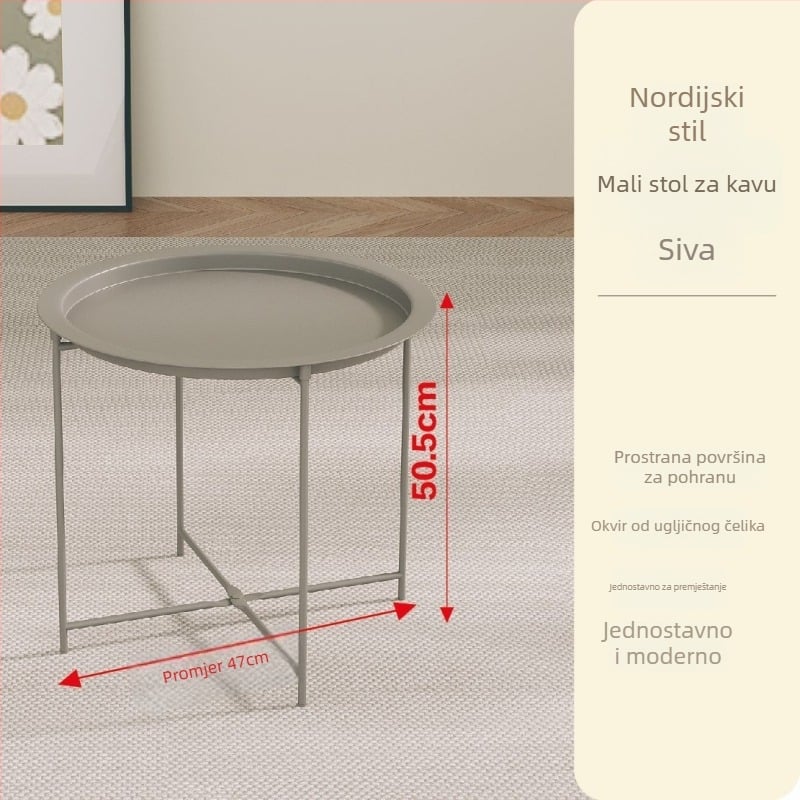 Okrugli metalni stol za kavu s metalnim okvirom, moderni minimalistički dizajn, sklopivi, za dnevnu sobu i spavaću sobu.