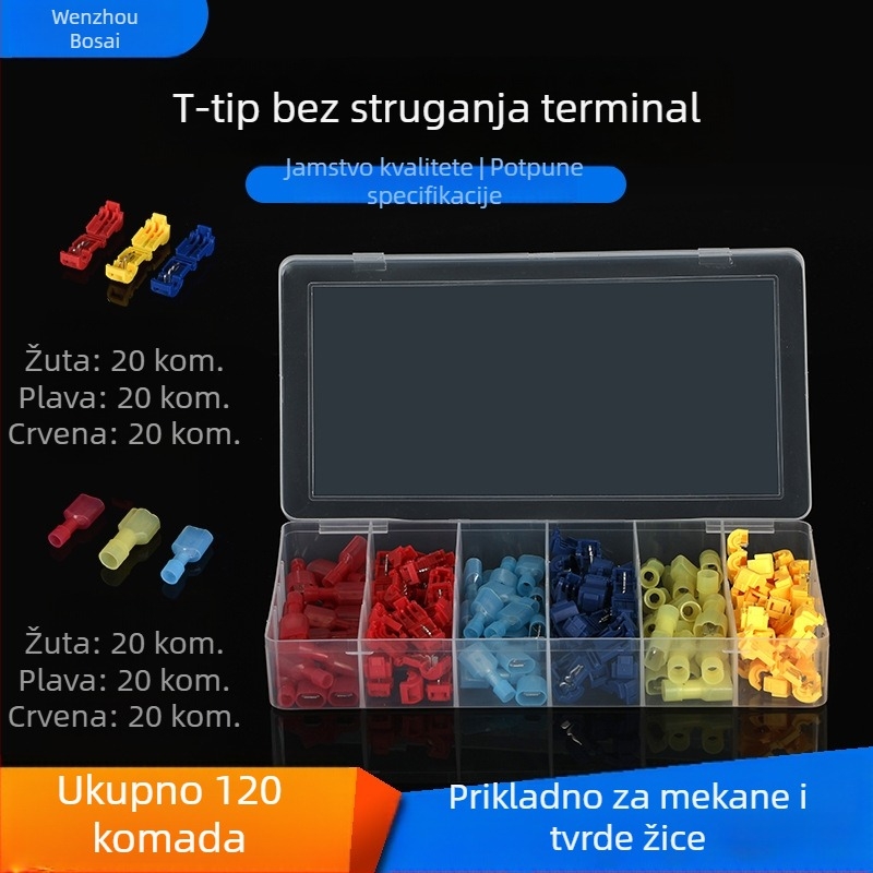 Set T-tip terminalnih blokova s klipom za sigurno spajanje, glavna grana, 120 kom., najlon, ubrizgavanje, za 0,5–6 m²