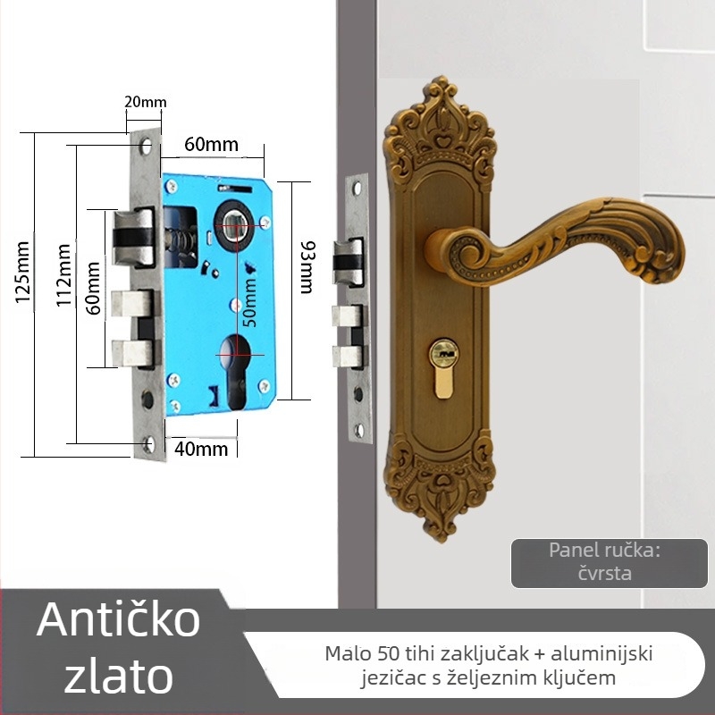 Europski stil kvaka za unutarnje drvene vrata, aluminijsko kućište, mehaničko zaključavanje, razmak rupa 165 mm, model 23-03