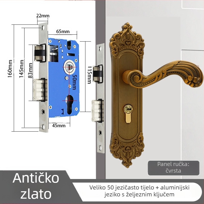 Europski stil kvaka za unutarnje drvene vrata, aluminijsko kućište, mehaničko zaključavanje, razmak rupa 165 mm, model 23-03