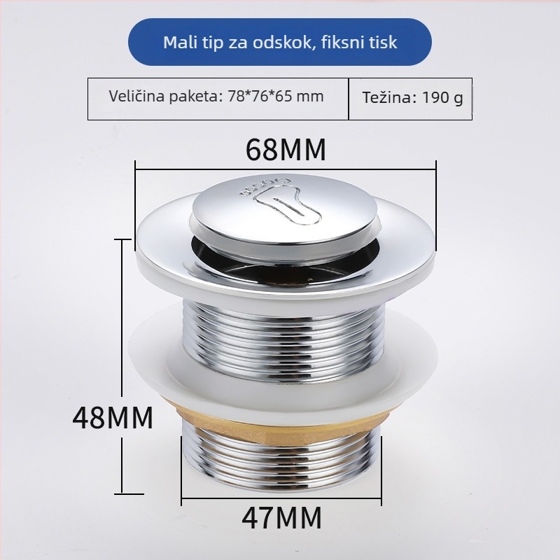 Mesingani odvod vode za kadu s pop-up mehanizmom (bounce tip), britski stil pokretanja, model: odvod vode za kadu, modernistički minimalistički dizajn