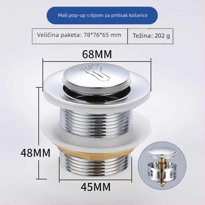 Mesingani odvod vode za kadu s pop-up mehanizmom (bounce tip), britski stil pokretanja, model: odvod vode za kadu, modernistički minimalistički dizajn