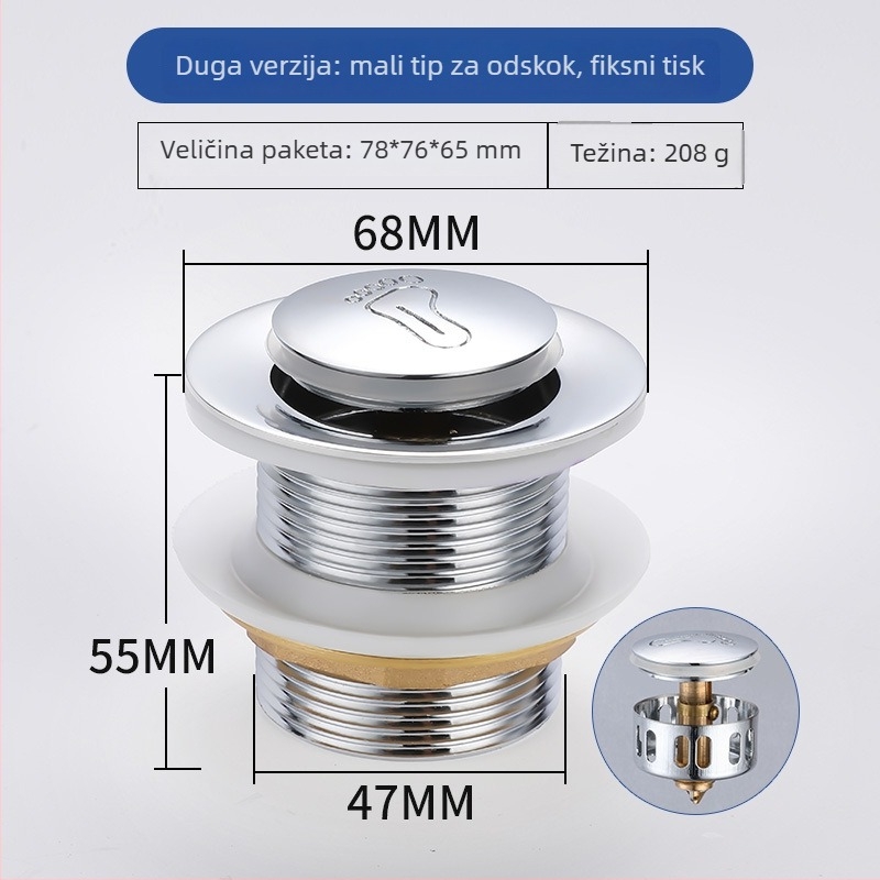 Mesingani odvod vode za kadu s pop-up mehanizmom (bounce tip), britski stil pokretanja, model: odvod vode za kadu, modernistički minimalistički dizajn