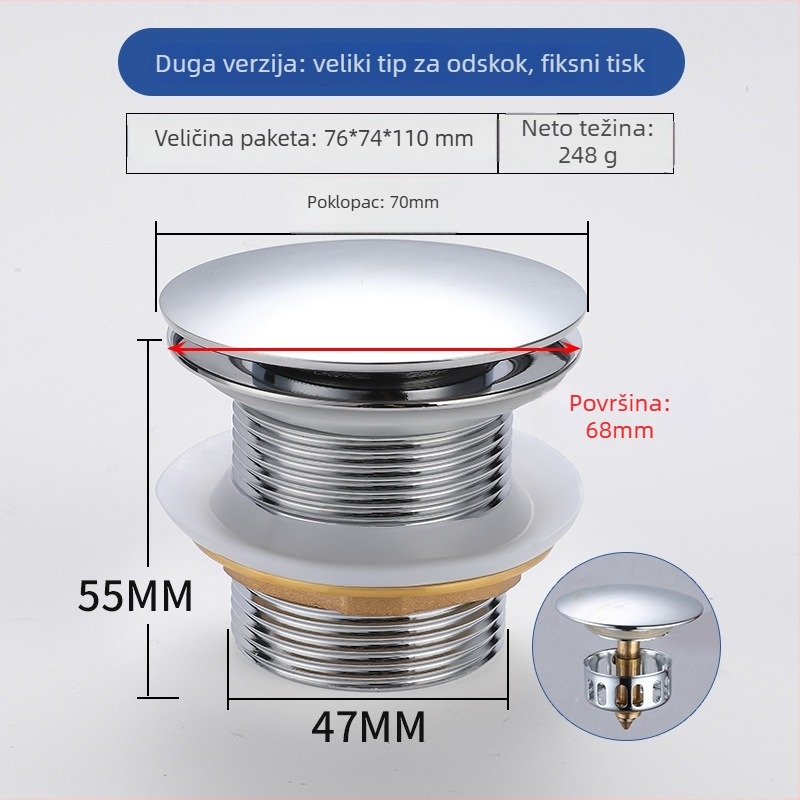 Mesingani odvod vode za kadu s pop-up mehanizmom (bounce tip), britski stil pokretanja, model: odvod vode za kadu, modernistički minimalistički dizajn