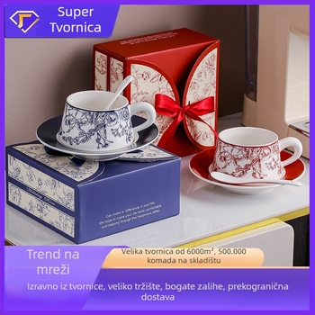 Keramički set šalice za kavu i tanjurić, lagan luksuzni retro stil, cvjetni uzorak, darovni paket za parove