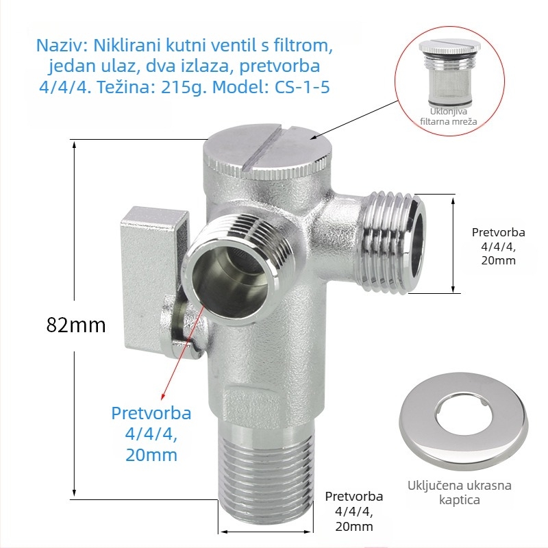 Bakarni kutni ventil za WC sa filtrom, ručna ugradnja, normalan tlak, za WC, 197 g