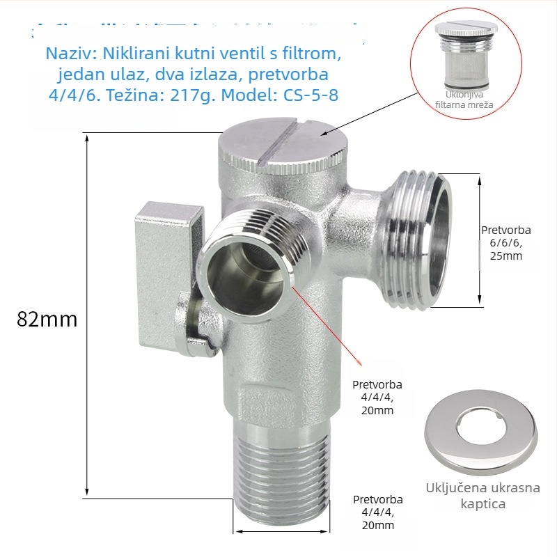 Bakarni kutni ventil za WC sa filtrom, ručna ugradnja, normalan tlak, za WC, 197 g
