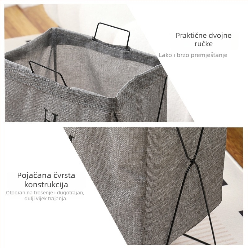 Koš za rublje sa stalkom od kovanog željeza, sklopivi platneni koš, moderni minimalistički dizajn; materijal: poliester-bavlano platno i poliester len