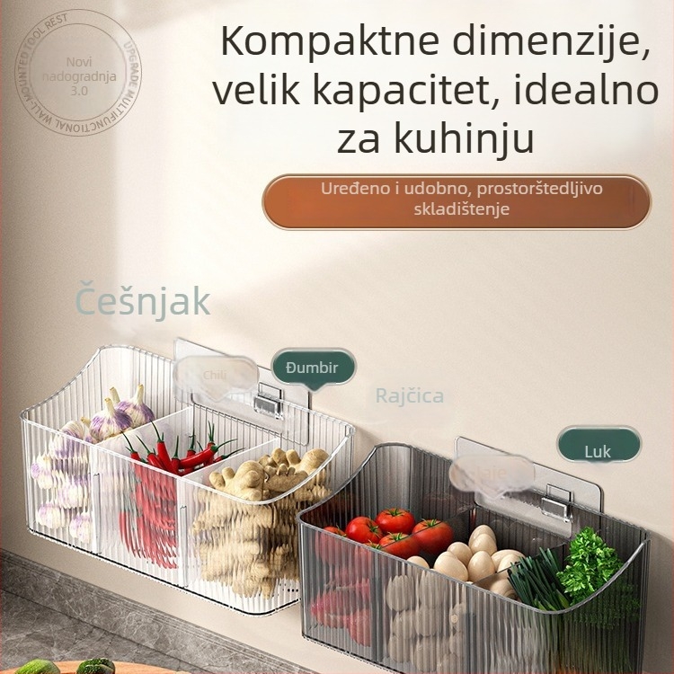 Prozirni zidni koš za skladištenje češnjaka, đumbira i luka – plastika, bez bušenja, kuhinjski organizator
