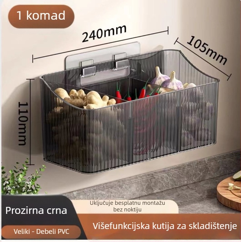 Prozirni zidni koš za skladištenje češnjaka, đumbira i luka – plastika, bez bušenja, kuhinjski organizator