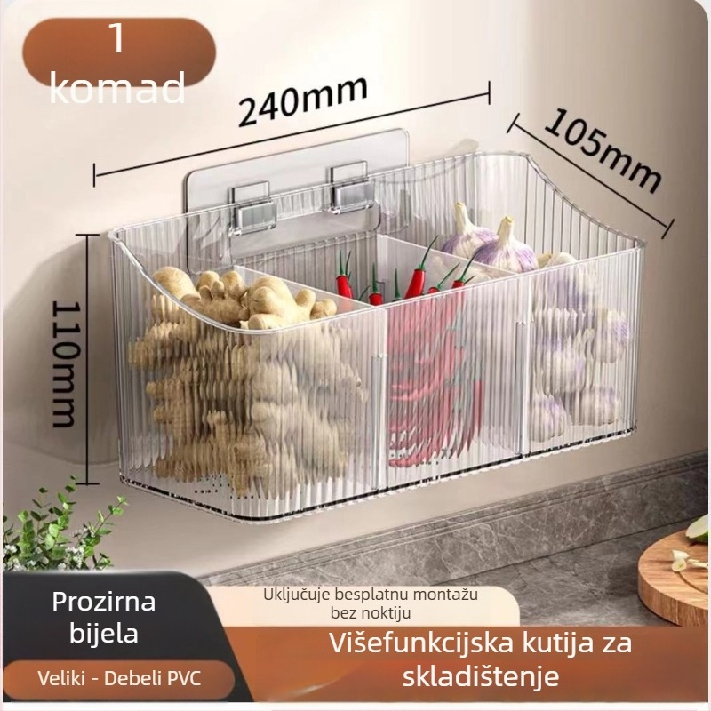 Prozirni zidni koš za skladištenje češnjaka, đumbira i luka – plastika, bez bušenja, kuhinjski organizator
