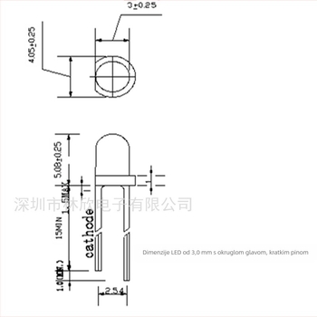 LED lampičica zrno, narančaste boje, plug-in, okrugla glava 3.0 mm, radno napajanje 2.0 V, struja 20 mA, valna duljina 600–610 nm, snop 30°, San'an čip