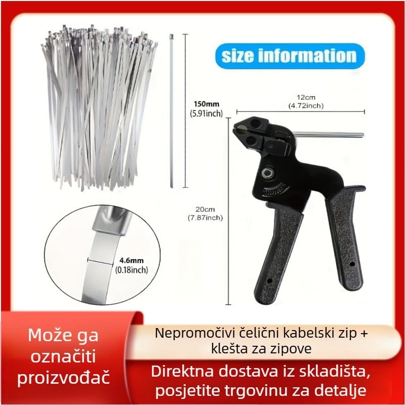 Samozakljuirajuće metalne vezice za kabelske kanale, 304 nehrđajući čelik, uključuje kliješta, paket 100 kom.